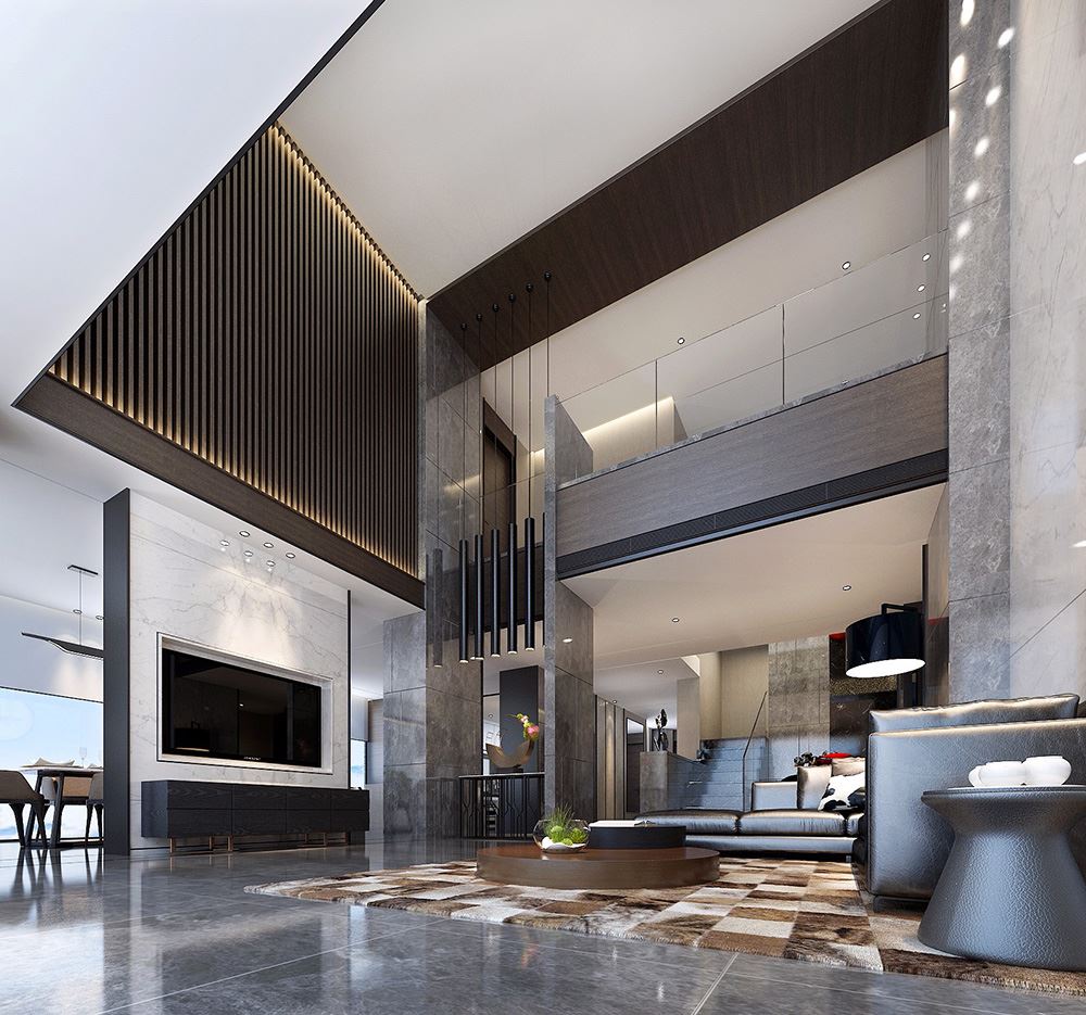 黑白灰现代简约风格室内装修效果图-柳州天湖郦都别墅420平米